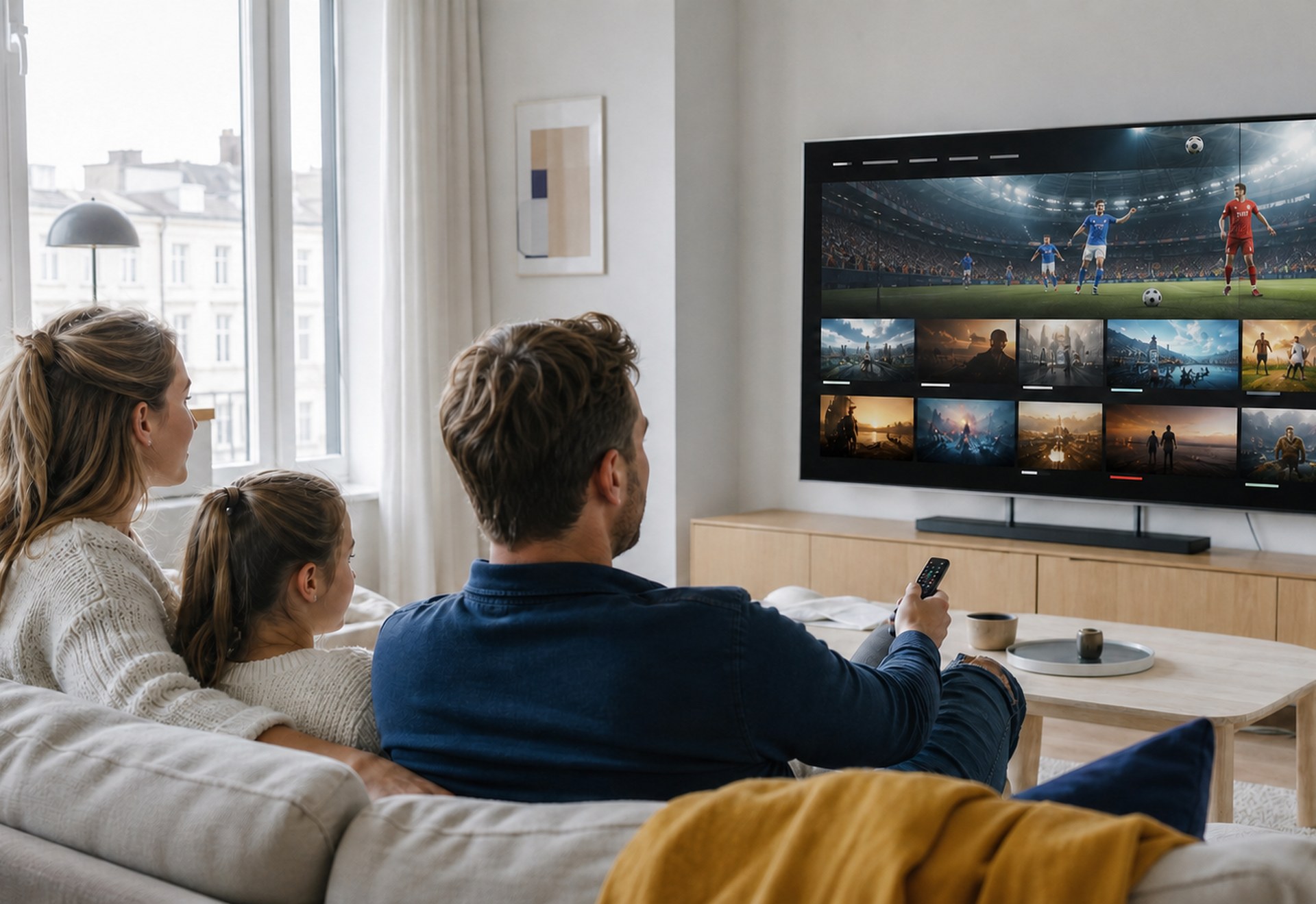 Svensk familj i ett ljust vardagsrum tittar på TV med ett fiktivt streaminggränssnitt