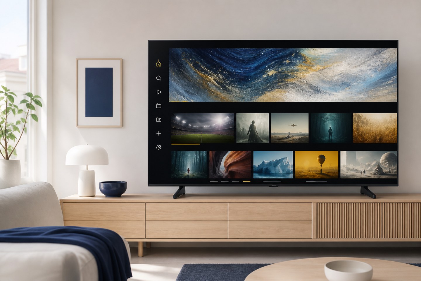 TV i ett ljust svenskt vardagsrum med ett fiktivt innehållsgränssnitt utan tredjepartslogotyper