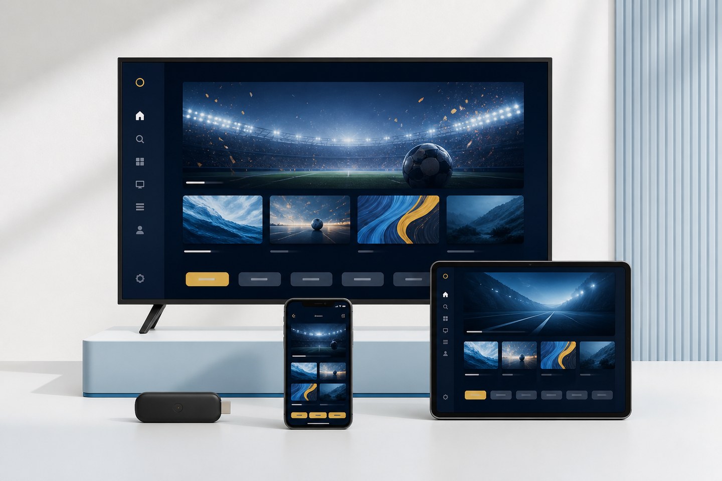 TV, surfplatta och mobil som visar samma fiktiva streamingvy i en ljus studiomiljö