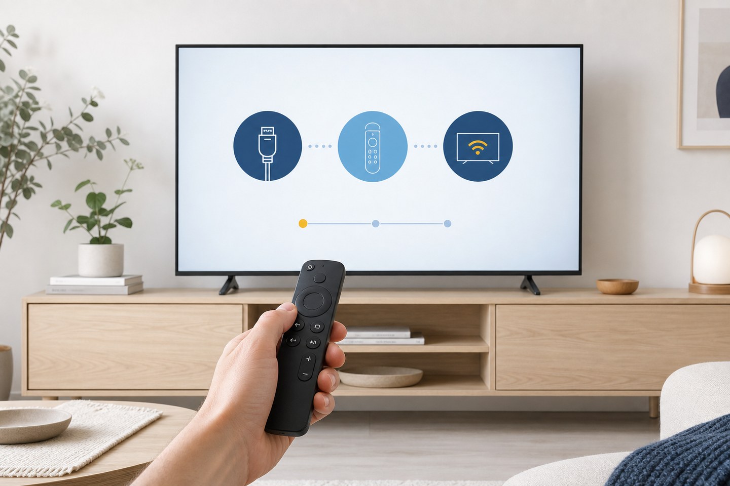 Hand med fjärrkontroll framför en TV som visar en tydlig fiktiv installationsvy
