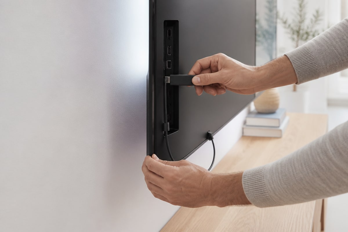 Händer ansluter en kompakt HDMI-spelare på baksidan av en väggmonterad TV