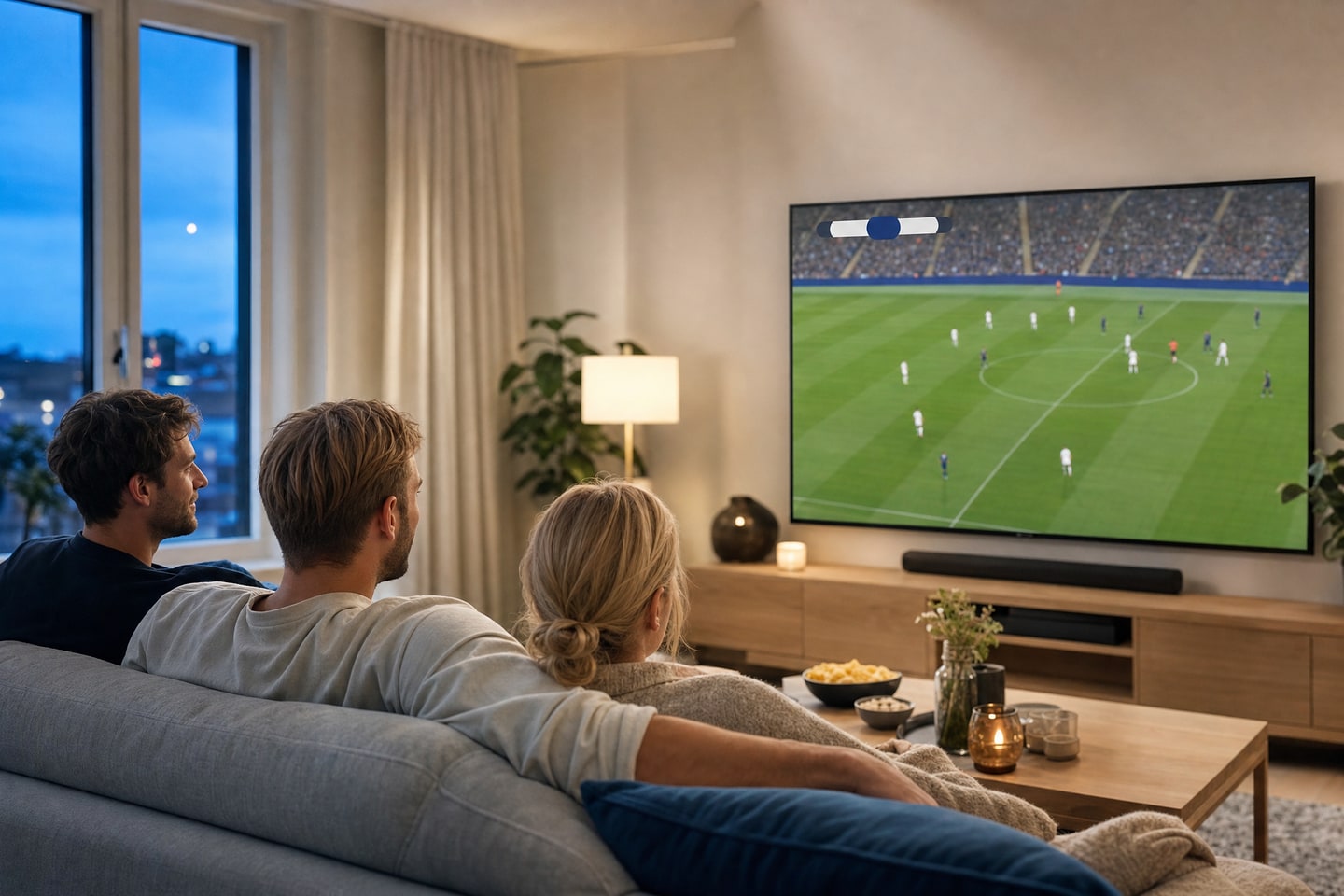 Tre vuxna följer en fiktiv fotbollssändning på TV i ett svenskt vardagsrum en kväll