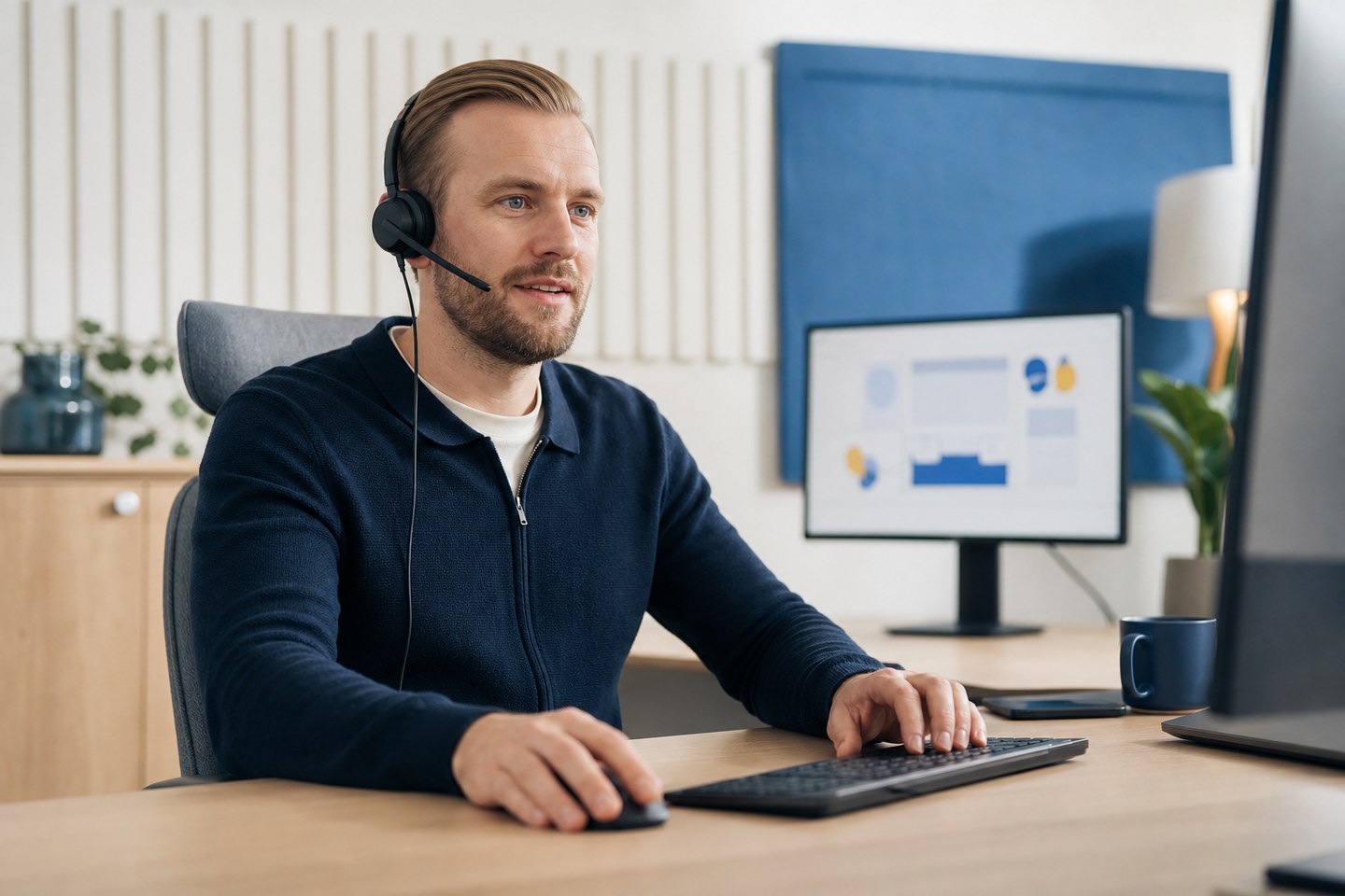 Supportmedarbetare med headset i ett ljust nordiskt kontor