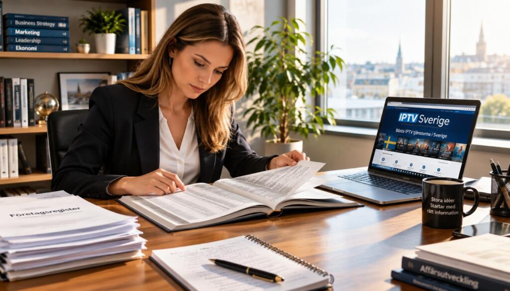 A businesswoman in a modern office setting searches for a company name in a large, organized register. She is seated at a sleek wooden desk, surrounded by paperwork and a laptop displaying the webpage of 'IPTV Sverige'. The office features large windows with natural light streaming in, casting soft shadows across the room. The woman, dressed in professional business attire, has a focused expression as she scans the pages of the register. In the background, shelves hold various business books and a potted plant adds a touch of greenery. The atmosphere is one of concentration and determination, illuminated by warm lighting. The perspective is from a slight angle, capturing both the woman and her workspace.