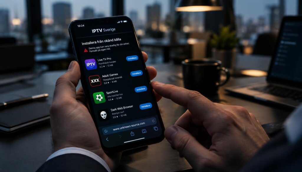 A close-up image of a smartphone displaying an app from illegal services that require installation from an unknown website. The phone's screen is brightly lit, revealing icons of dubious applications, with a blurred background showing a sleek, modern office setting. A pair of hands, wearing professional business attire, is cautiously interacting with the screen, conveying a sense of intrigue and tension. Soft, dramatic lighting highlights the phone and hands, creating a contrast with the shadowy background, evoking an atmosphere of secrecy and caution. The smartphone brand "IPTV Sverige" is subtly featured on the device. The overall mood should feel tense yet professional, focusing on the implications of using illicit applications in a contemporary workspace.
