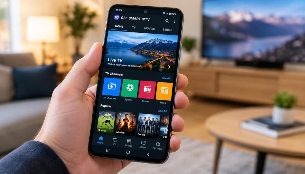 A close-up image of an Android mobile phone showcasing the GSE Smart IPTV app interface on the screen. The phone is held by a hand, positioned against a blurred background of a modern living room with soft, ambient lighting. The focus is on the phone, highlighting the vibrant colors and user-friendly layout of the IPTV application. The hand holding the phone is wearing a simple, professional outfit, reflecting a casual yet polished appearance. The mood conveys a sense of convenience and modern technology, emphasizing the user-friendly experience of IPTV Sweden. Bright and natural lighting adds a warm, inviting atmosphere, making the scene relatable and engaging. No text or branding is visible on the device itself.