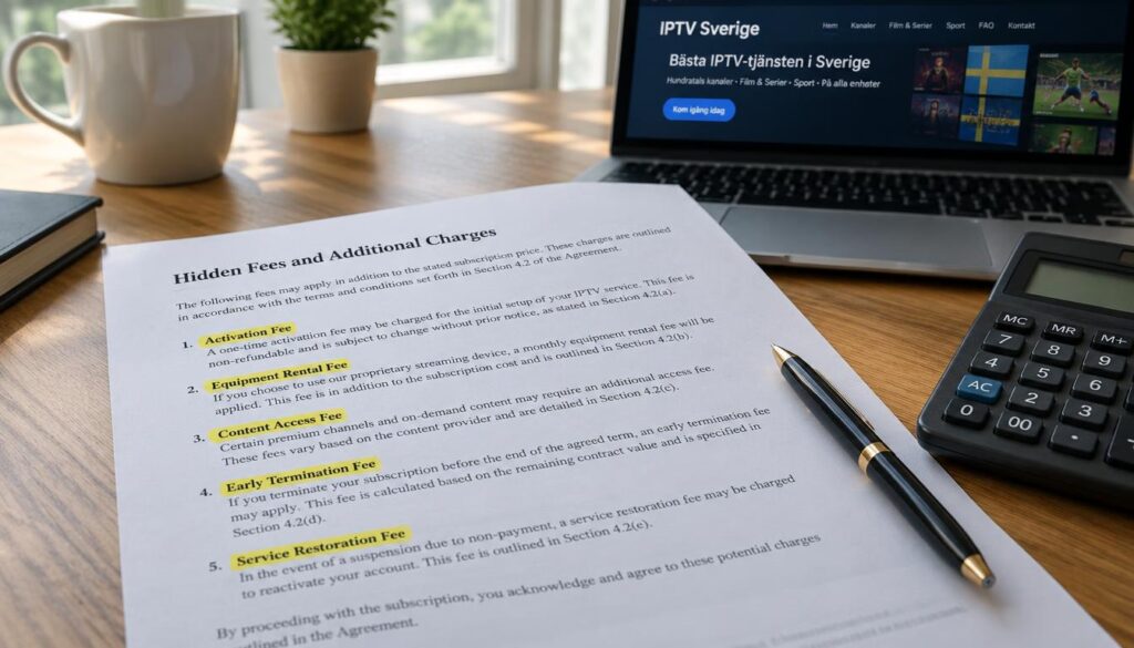 A close-up view of a document highlighted on a wooden desk, focusing on a printed list of hidden fees outlined in complex legal language. In the foreground, a pen and a calculator represent financial analysis, while a laptop is slightly visible in the background, showcasing an IPTV Sverige website. Soft, natural light filters in from a nearby window, casting gentle shadows that evoke a sense of careful scrutiny and professionalism. The atmosphere is serious and contemplative, suited for an informative analysis. The composition emphasizes clarity and detail, ensuring viewers focus on the paper's content without distractions. A close-up view of a document highlighted on a wooden desk, focusing on a printed list of hidden fees outlined in complex legal language. In the foreground, a pen and a calculator represent financial analysis, while a laptop is slightly visible in the background, showcasing an IPTV Sverige website. Soft, natural light filters in from a nearby window, casting gentle shadows that evoke a sense of careful scrutiny and professionalism. The atmosphere is serious and contemplative, suited for an informative analysis. The composition emphasizes clarity and detail, ensuring viewers focus on the paper's content without distractions.