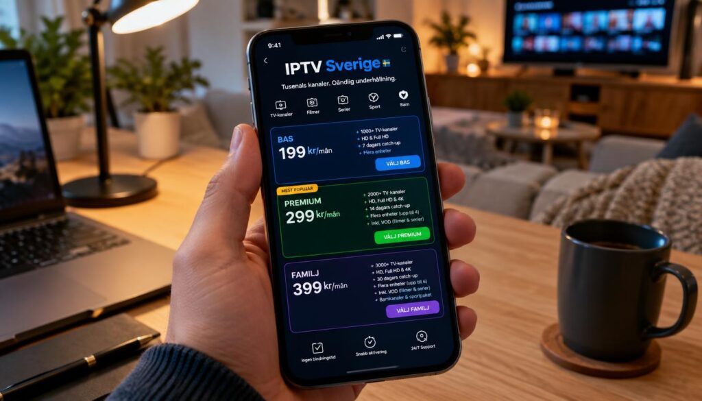 A close-up view of a smartphone screen displaying a beautifully designed pricing list for an IPTV subscription, clearly showcasing prices in Swedish kronor per month along with details of additional features. The foreground features the sleek phone held in a professional hand, wearing modest casual clothing, with a soft focus effect that highlights the screen's vibrant colors and typography. In the middle ground, a modern workspace with subtle hints of lighting from a desk lamp, providing a warm and inviting atmosphere. The background subtly includes a blurred interior of a cozy living room, enriching the context without distraction. The overall mood is informative and user-friendly, perfect for the subject "IPTV Sverige".