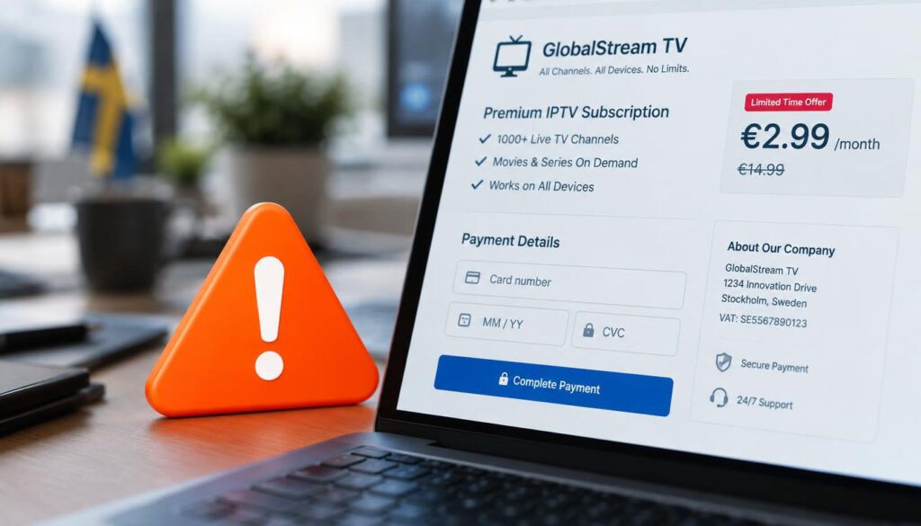 A close-up view of a warning icon placed next to a payment form, featuring an unknown company's details along with a low price tag. The foreground emphasizes the warning icon in bright orange, contrasted against a white payment form that shows vague company names and pricing information. The middle ground includes a blurred desktop or workspace setting with subtle shadows, adding depth to the scene. The background features soft, diffused lighting that creates a serious and cautionary mood, reflecting the context of security in online transactions. The image should convey a feeling of alertness and caution related to potentially suspicious offers, suitable for an article discussing IPTV services in Sweden for 2026.