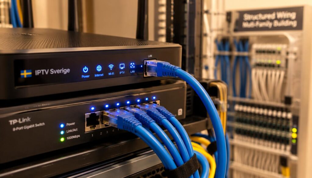 A close-up view of an Ethernet cable securely connected to a modern router inside a multi-family building's telecommunications room. The Ethernet cable should be clearly visible, with rich details highlighting its texture and connectors. Surrounding the router, an organized setup with multiple network cables, a small switch, and LED indicators emitting a soft blue glow, creating a sense of stability and connectivity for IPTV services. In the background, blurred details of a structured wiring panel, reinforcing a technical atmosphere. The lighting is warm and inviting, simulating a professional installation environment. The overall mood conveys reliability and modern technology, emphasizing the theme of "IPTV Sverige".