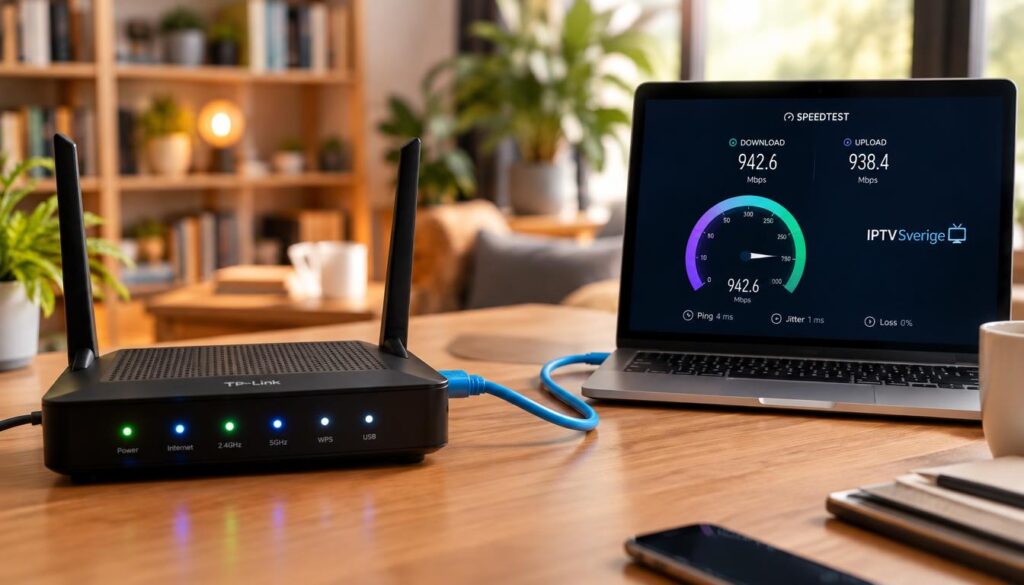A detailed image depicting a modern home office scene where a sleek router is prominently displayed, connected to a vibrant network cable that winds elegantly towards a laptop. The foreground features the router with LED indicators glowing softly in various colors, symbolizing connectivity. In the middle ground, the laptop screen shows a speed test graphic with clear numerical values, emphasizing the measurement of internet speed. The background features a cozy room with a soft-focus bookshelf and indoor plants, bathed in warm, natural light filtering through a window. The mood is professional yet inviting, capturing the essence of measuring home internet quality for IPTV services. Include the brand name "IPTV Sverige" subtly on the laptop screen in a stylish font, ensuring it blends harmoniously with the image without being overpowering. A detailed image depicting a modern home office scene where a sleek router is prominently displayed, connected to a vibrant network cable that winds elegantly towards a laptop. The foreground features the router with LED indicators glowing softly in various colors, symbolizing connectivity. In the middle ground, the laptop screen shows a speed test graphic with clear numerical values, emphasizing the measurement of internet speed. The background features a cozy room with a soft-focus bookshelf and indoor plants, bathed in warm, natural light filtering through a window. The mood is professional yet inviting, capturing the essence of measuring home internet quality for IPTV services. Include the brand name "IPTV Sverige" subtly on the laptop screen in a stylish font, ensuring it blends harmoniously with the image without being overpowering.