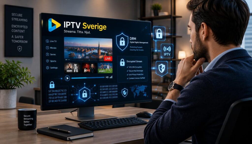 A modern digital workspace showcasing a sleek computer screen displaying an intricate interface for IPTV streaming, featuring visual elements of cryptography and DRM protection symbols. In the foreground, a professional in smart casual attire, focused on the screen with a thoughtful expression. The middle ground includes digital elements like lock icons, streaming bars, and encrypted codes subtly integrated into the design. The background depicts a minimalist office with soft, ambient lighting that creates a focused, secure atmosphere. The composition captures the essence of technology safeguarding content, with the brand logo "IPTV Sverige" prominently displayed on the screen. The overall mood conveys innovation and security in the digital age.