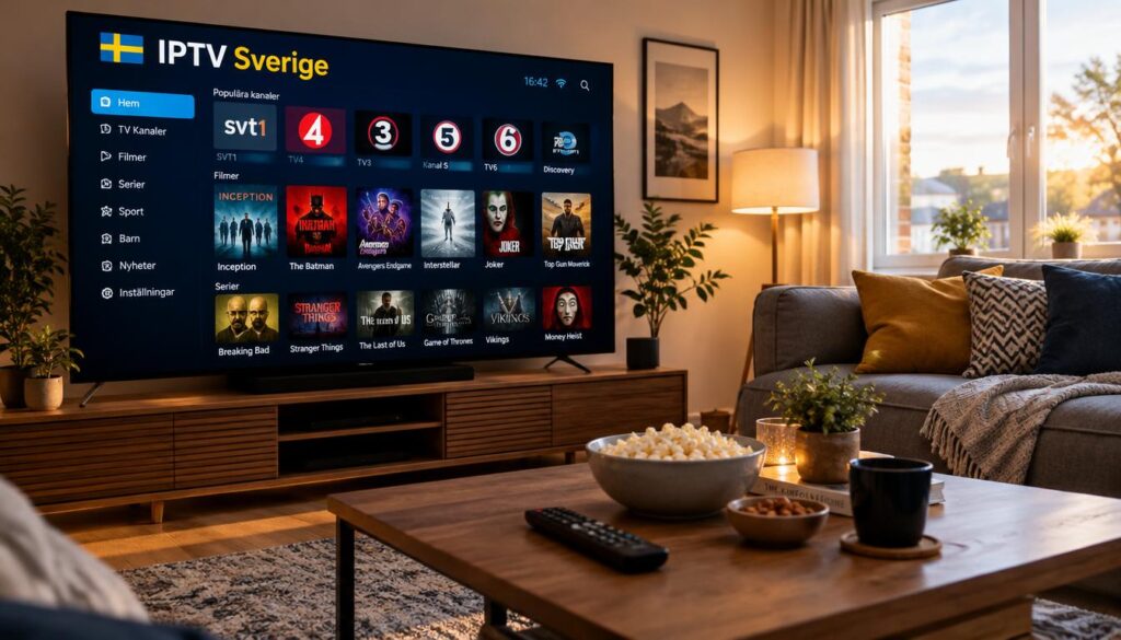 A modern living room featuring a flat-screen TV displaying a dynamic IPTV menu, showcasing various channels and movies. The foreground includes a coffee table with a remote and snacks, enhancing a cozy atmosphere. In the middle, the vibrant IPTV menu prominently shows the brand name "IPTV Sverige" with colorful thumbnails for movies and channels, reflecting diverse content. The background reveals a stylish couch with decorative pillows and a softly lit lamp, creating an inviting ambiance. The scene is illuminated by warm, natural lighting streaming in through a window, suggesting a relaxed afternoon setting. Capture this from a slightly angled perspective to add depth and interest, emphasizing a contemporary lifestyle.