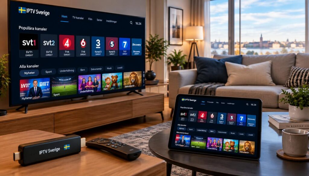 A smart-TV, streaming stick, and tablet all displaying the same IPTV app interface in a stylish living room setup. In the foreground, the sleek smart-TV shows vibrant channels offered by "IPTV Sverige," while the streaming stick connects to the TV, showcasing its design. The tablet rests on a modern coffee table displaying the app interface in detail. The middle ground features a contemporary couch emphasizing a cozy atmosphere. In the background, soft natural light filters through large windows, creating a warm and inviting environment. Shot with a wide-angle lens to capture all devices harmoniously, the composition conveys accessibility and modernity in home entertainment.