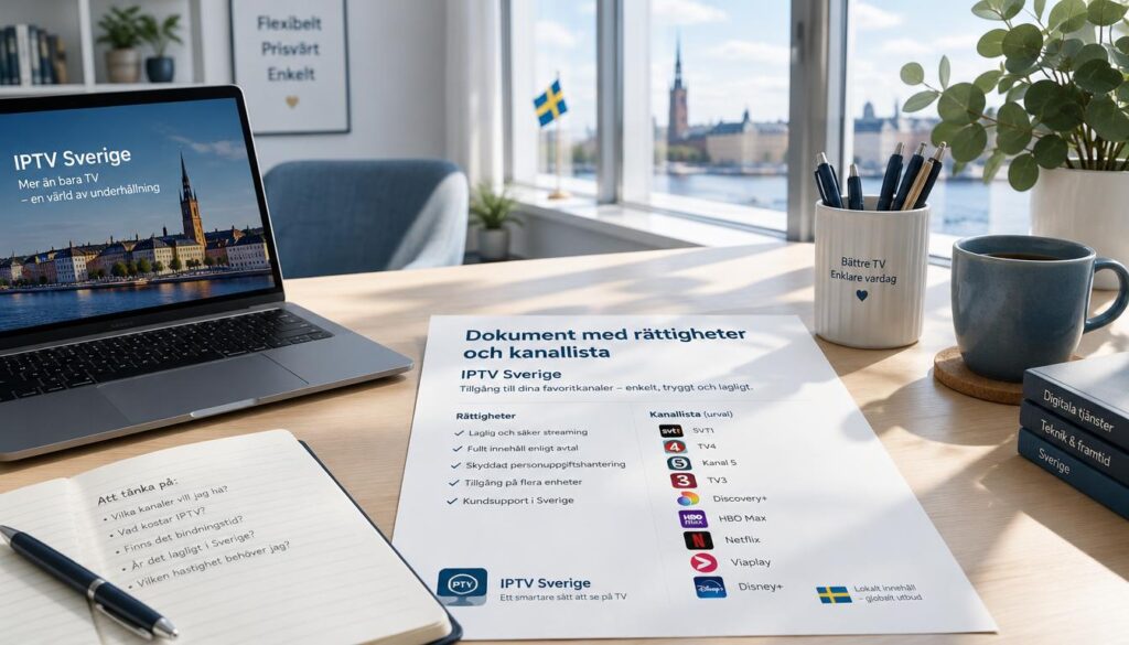 A well-organized Swedish office desk scene featuring a document titled "Dokument med rättigheter och kanallista" prominently displayed. The foreground shows a neatly arranged desk with a laptop, a stylish pen holder, and an open notebook. In the middle, the document is clearly visible, printed with text and colorful channel icons, indicating various IPTV services, including "IPTV Sverige". The background features a large window with natural light streaming in, illuminating the space and casting soft shadows. The overall atmosphere is professional and inviting, with a calming color palette of soft blues and whites. The image should convey a sense of clarity and focus, suitable for an article about IPTV costs in Sweden. A well-organized Swedish office desk scene featuring a document titled "Dokument med rättigheter och kanallista" prominently displayed. The foreground shows a neatly arranged desk with a laptop, a stylish pen holder, and an open notebook. In the middle, the document is clearly visible, printed with text and colorful channel icons, indicating various IPTV services, including "IPTV Sverige". The background features a large window with natural light streaming in, illuminating the space and casting soft shadows. The overall atmosphere is professional and inviting, with a calming color palette of soft blues and whites. The image should convey a sense of clarity and focus, suitable for an article about IPTV costs in Sweden.