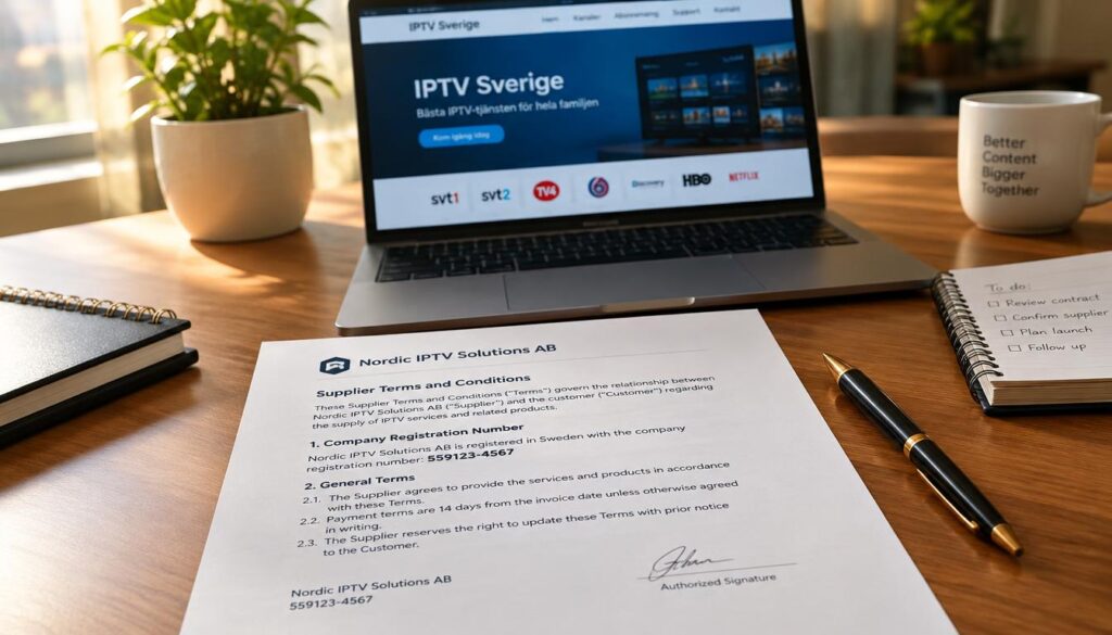 A well-organized desk scene showcasing a document prominently displaying the company registration number and written terms from a supplier. In the foreground, a close-up of the document is centered, neatly placed on a wooden desk with a stylish pen beside it. The middle layer features a laptop open to an IPTV service provider website, with a focus on "IPTV Sverige". In the background, there are soft-focus elements like a potted plant and a notepad. The lighting is warm and natural, cast from a nearby window, creating a professional and inviting atmosphere. The angle is slightly from above, lending perspective to the scene while maintaining clarity on the document details. The mood reflects a sense of professionalism and diligence, perfect for a business context. A well-organized desk scene showcasing a document prominently displaying the company registration number and written terms from a supplier. In the foreground, a close-up of the document is centered, neatly placed on a wooden desk with a stylish pen beside it. The middle layer features a laptop open to an IPTV service provider website, with a focus on "IPTV Sverige". In the background, there are soft-focus elements like a potted plant and a notepad. The lighting is warm and natural, cast from a nearby window, creating a professional and inviting atmosphere. The angle is slightly from above, lending perspective to the scene while maintaining clarity on the document details. The mood reflects a sense of professionalism and diligence, perfect for a business context.
