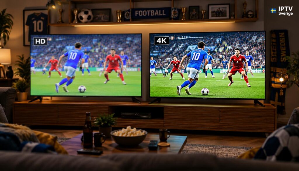 Two television screens side by side, one displaying a high-definition (HD) image and the other a stunning 4K image, both showcasing the same thrilling football match. In the foreground, the HD screen has vibrant colors that contrast with the sharper, more detailed visuals of the 4K screen, creating a captivating comparison. The televisions are set on a contemporary wooden stand, with soft ambient lighting illuminating the scene, enhancing the excitement of the match. In the middle ground, there’s a stylish living room setting, with comfortable seating and subtle decor that suggests a cozy sports watching atmosphere. The background features a blurred view of a wall-mounted shelf filled with sports memorabilia. The mood is lively and engaging, inviting viewers to appreciate the differences in viewing quality. In the corner, a discreet logo reads "IPTV Sverige."